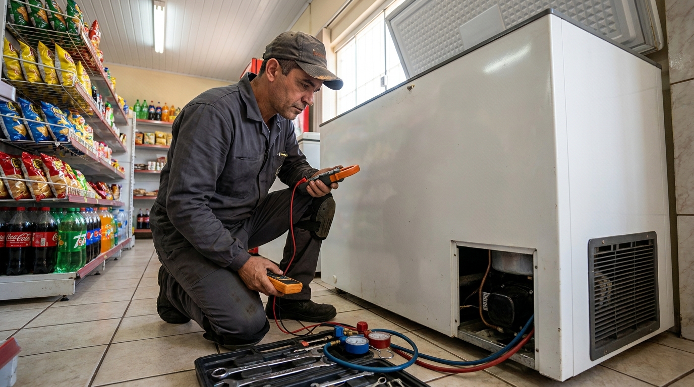 Reparo na placa eletrônica do freezer no Morro das Pedras, Florianópolis‑SC