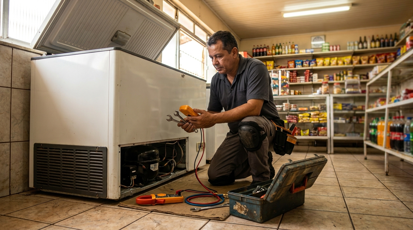 Profissional executando manutenção no motor de freezer no Morro das Pedras, Florianópolis‑SC