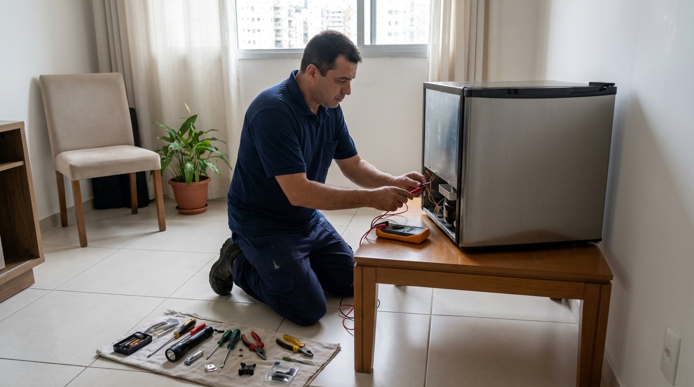 Técnico fazendo manutenção do motor de frigobar na Vargem, Florianópolis‑SC