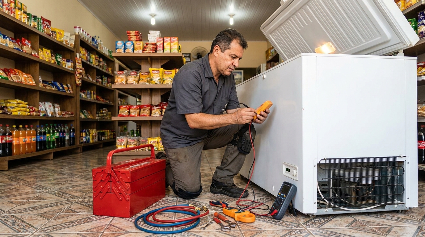Recarga de gás refrigerante no freezer durante atendimento no Morro das Pedras, Florianópolis‑SC