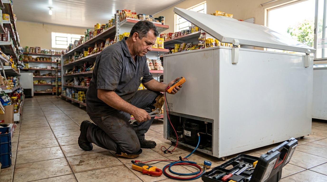 Substituição de termostato de freezer em visita técnica no Morro das Pedras, Florianópolis‑SC